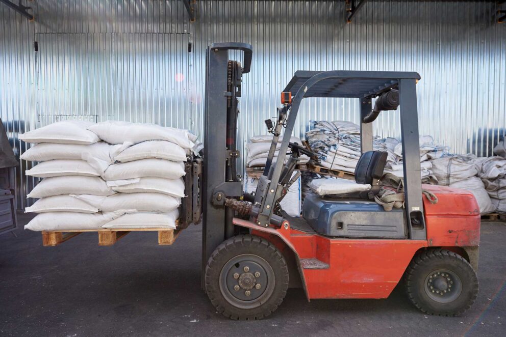 forklift that has bags loaded
