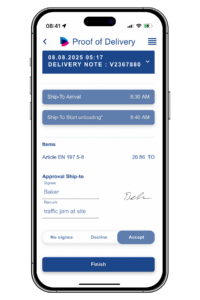 VAS Driver App - electronic proof of delivery screen on phone